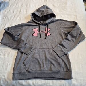 Under Armour women's size Large gray hoodie pink logo, front pocket VGUC